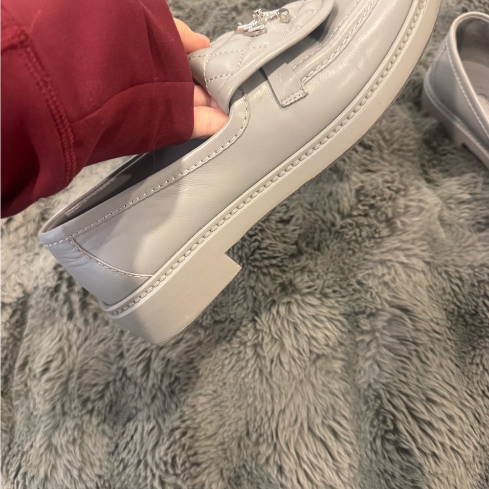 Chanel 21B Grey Quilted Flap Turnlock CC Logo Silver Mule Slip Flat Loafer 37.5 - Picture 8 of 12